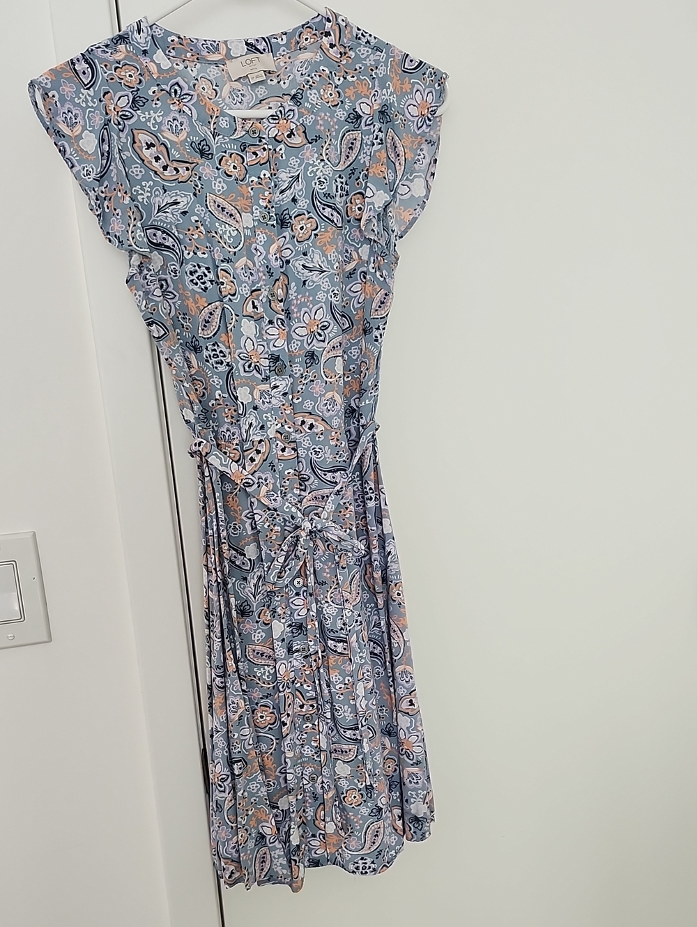 LOFT Blue Paisley Tie-Waist Cap Sleeve Dress